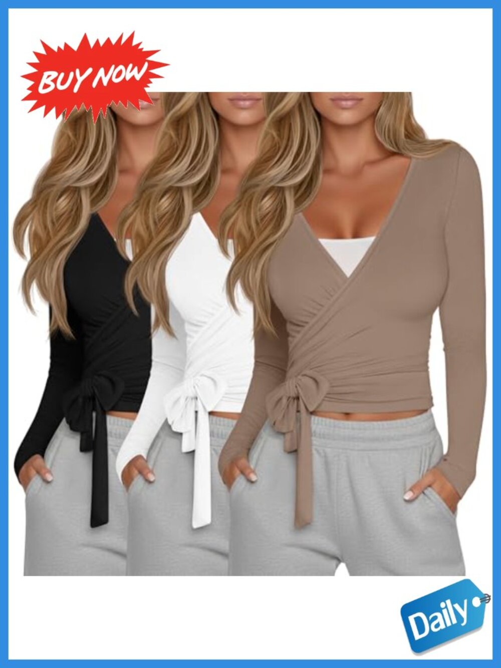 Womens 3 Pack Pilates Wrap Tops Ballet Tie Long Sleeve Cotton Blend